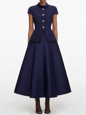 Self-Portrait Navy Boucle Taffeta Midi Dress